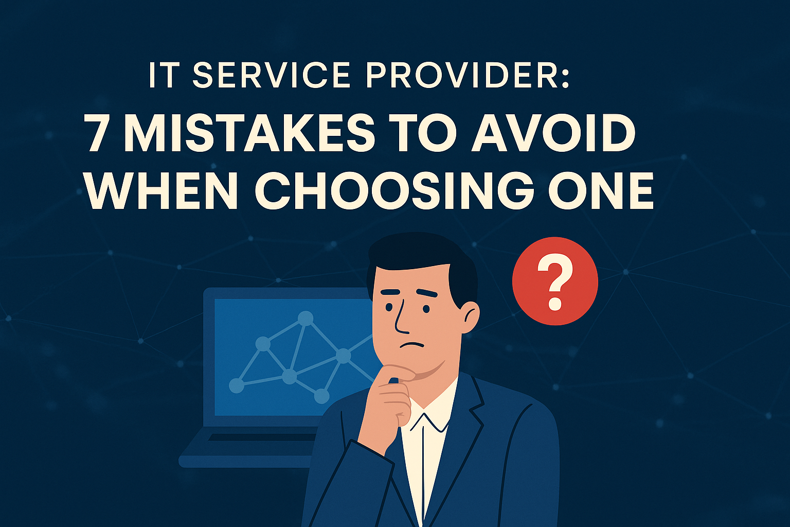 Illustration of a concerned business professional next to a laptop and question mark, with text that reads “IT Service Provider: 7 Mistakes to Avoid When Choosing One”